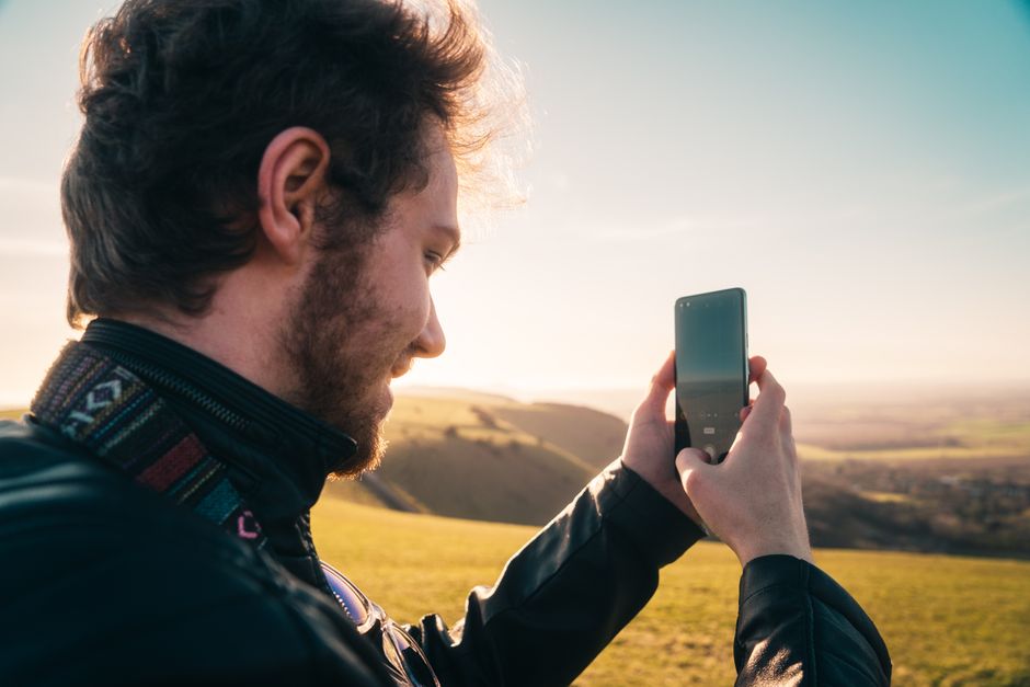 European landscape with smartphone