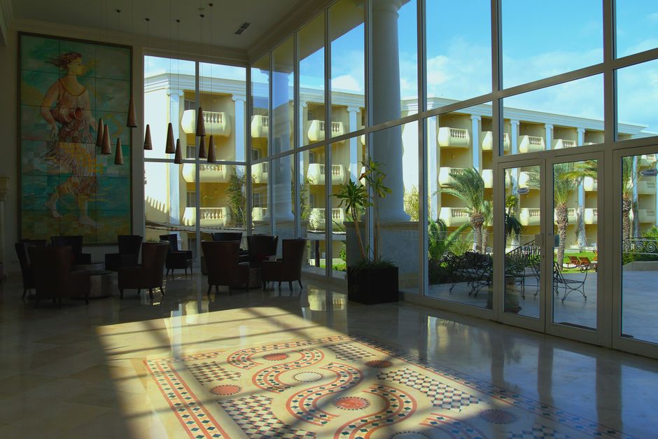 Hotel lobby with tropical decor